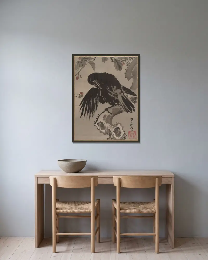 Crow on a Branch av Kawanabe Kyōsai inramad på en vägg