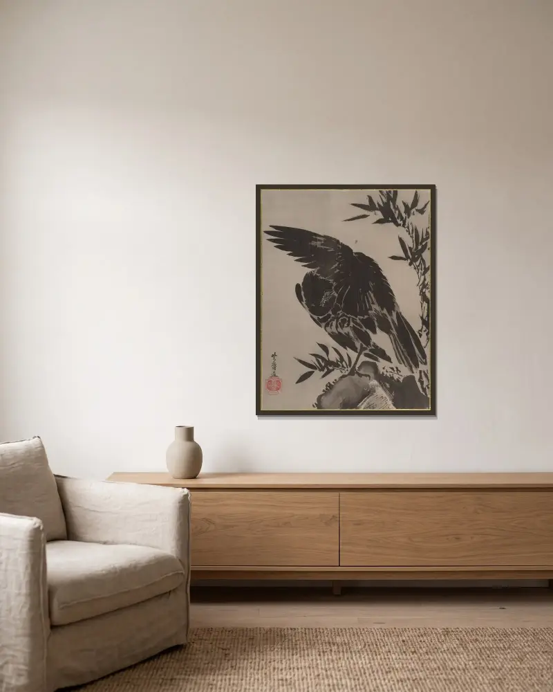 Crow on a Rock av Kawanabe Kyōsai inramad på en vägg