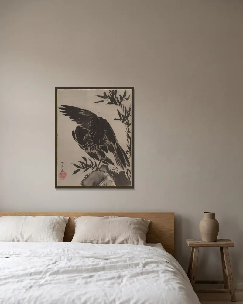 Crow on a Rock av Kawanabe Kyōsai inramad på en vägg