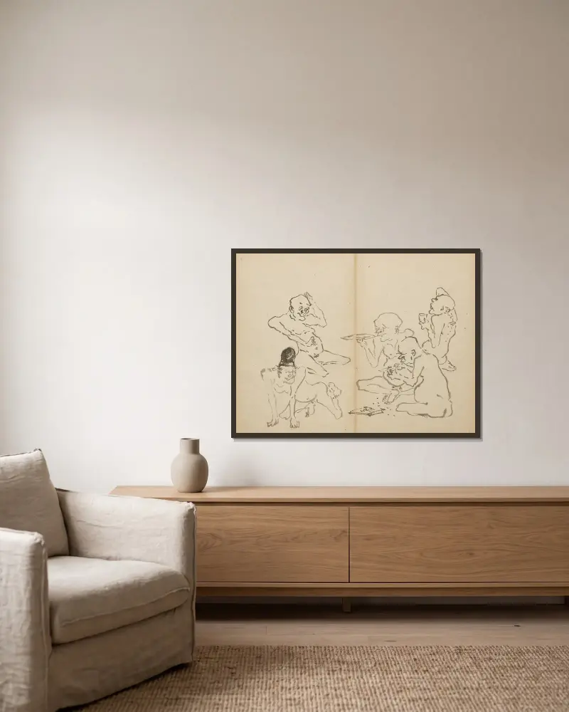 Trinkgelage von Kawanabe Kyōsai gerahmt an einer Wand