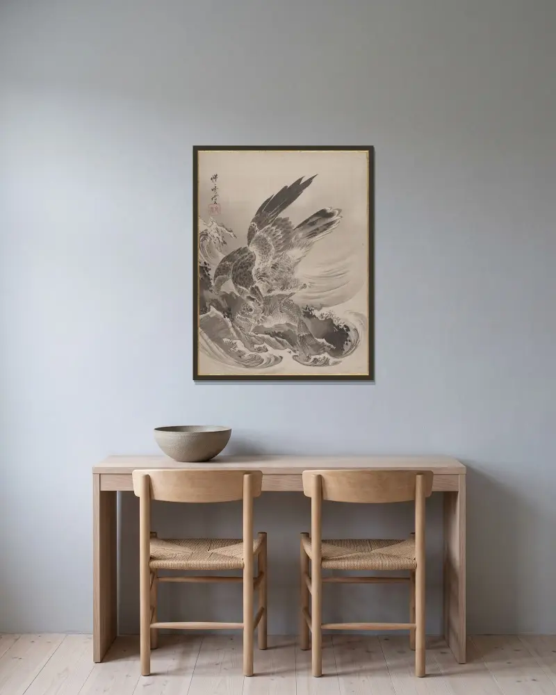 Örn som anfaller fisk av Kawanabe Kyōsai inramad på en vägg