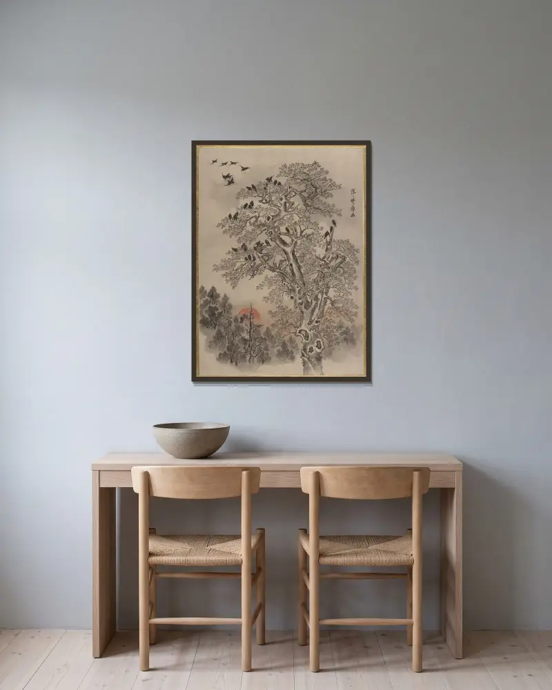 Schwarm von Krähen im Morgengrauen von Kawanabe Kyōsai gerahmt an einer Wand