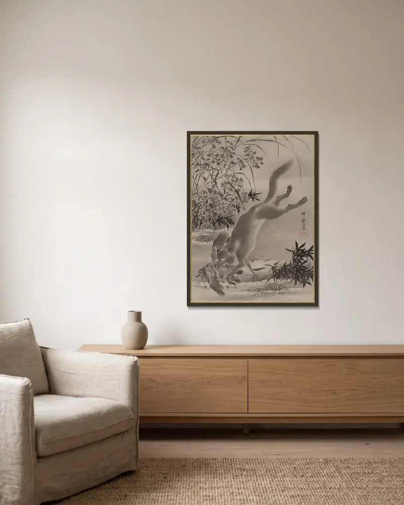 Fox Catching Bird av Kawanabe Kyōsai inramad på en vägg
