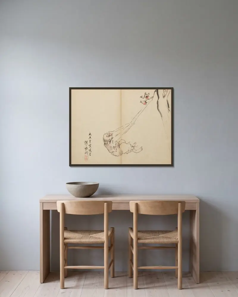 Dlouhé paže trhající ovoce, Kawanabe Kyōsai v rámu na stěně