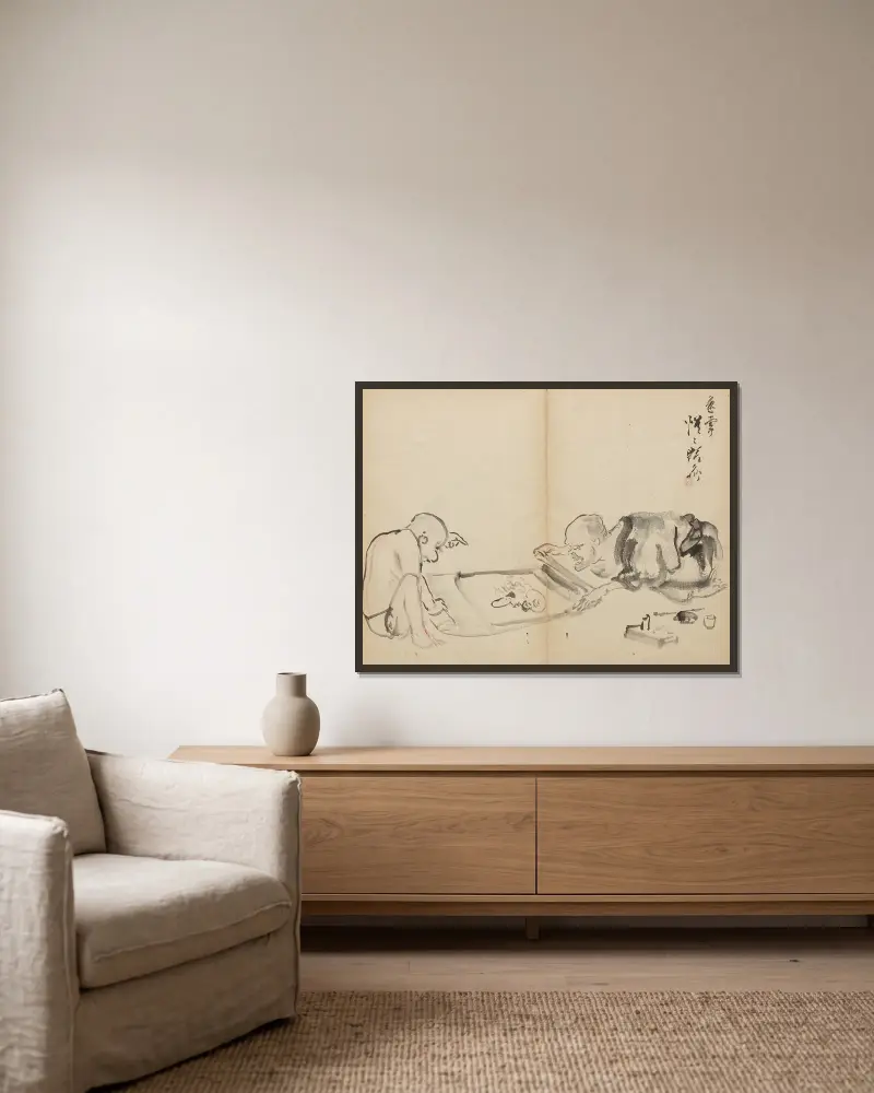 Betrachtung eines Gemäldes von Kawanabe Kyōsai gerahmt an einer Wand