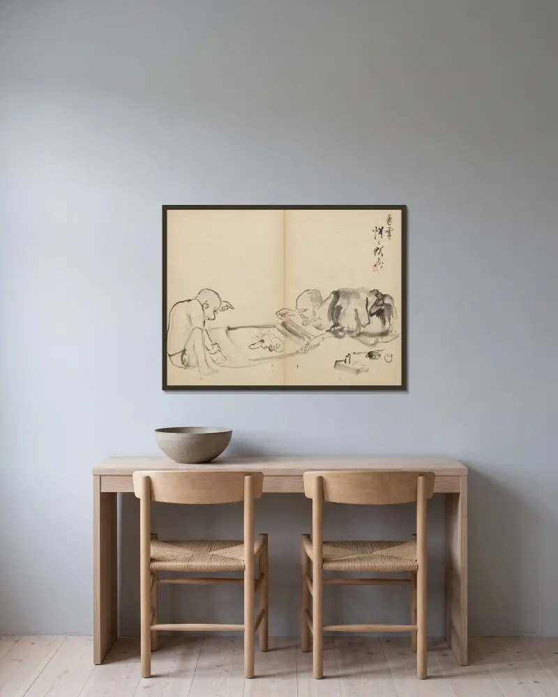 Betrachtung eines Gemäldes von Kawanabe Kyōsai gerahmt an einer Wand