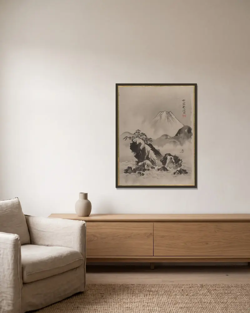 Mount Fuji av Kawanabe Kyōsai inramad på en vägg