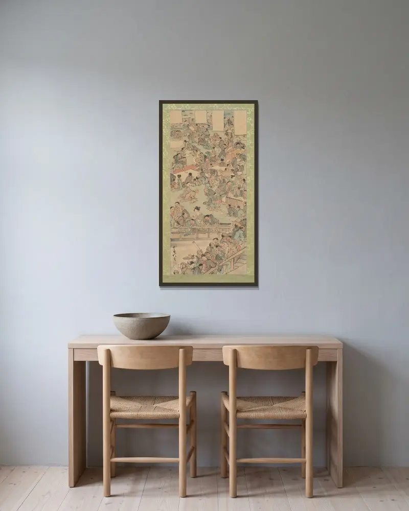 Målning och kalligrafi vid Nakamurarō i Ryōgoku av Kawanabe Kyōsai inramad på en vägg