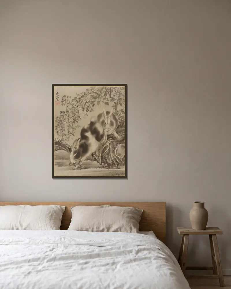 Rabbits av Kawanabe Kyōsai inramad på en vägg