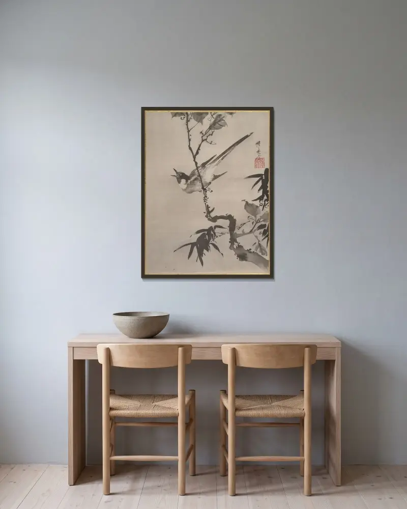 Sjungande fågel på gren av Kawanabe Kyōsai inramad på en vägg