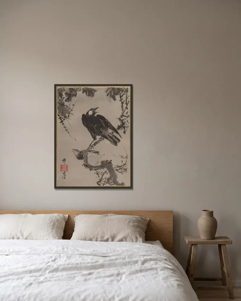 Stare på en gren av Kawanabe Kyōsai inramad på en vägg