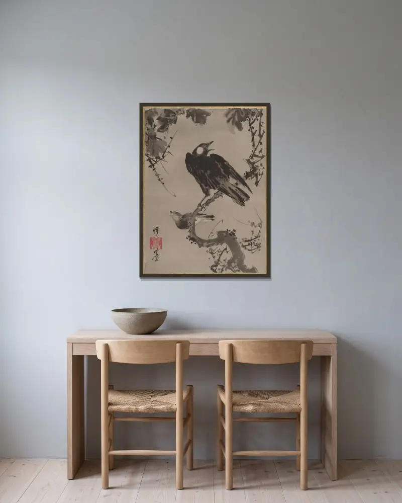 Stare på en gren av Kawanabe Kyōsai inramad på en vägg
