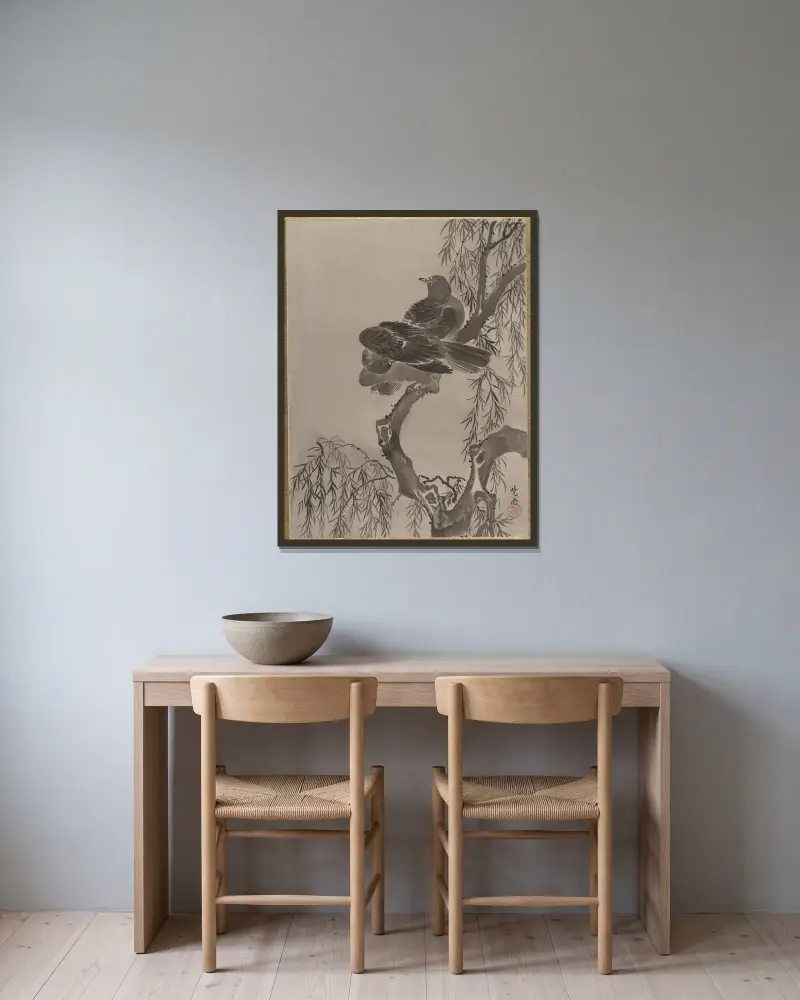 Två fåglar på en gren av Kawanabe Kyōsai inramad på en vägg