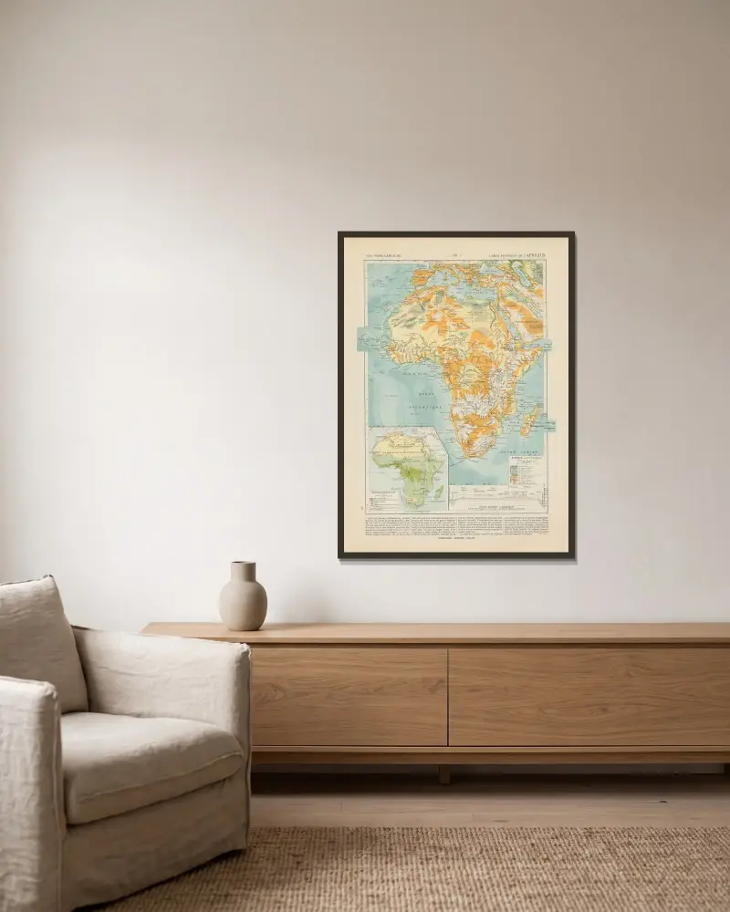 Physische Karte von Afrika von Paul Vidal de La Blache gerahmt an einer Wand