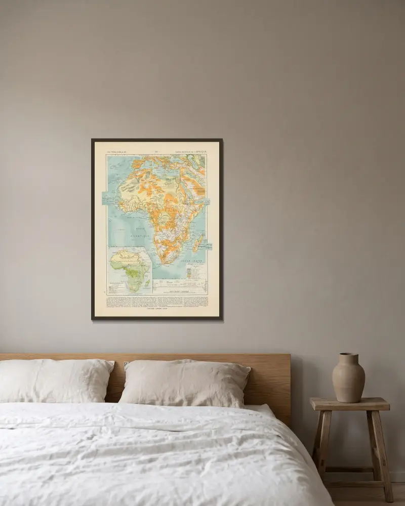 Physische Karte von Afrika von Paul Vidal de La Blache gerahmt an einer Wand