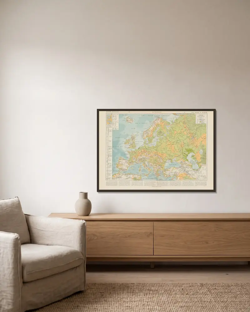 Carte Physique de l’Europe von Paul Vidal de La Blache gerahmt an einer Wand