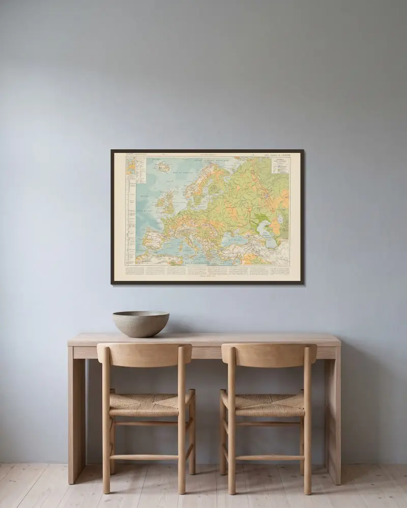 Carte Physique de l’Europe von Paul Vidal de La Blache gerahmt an einer Wand