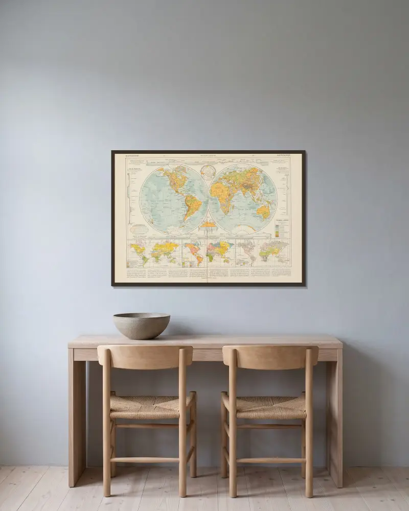 Weltkarte von Paul Vidal de La Blache gerahmt an einer Wand