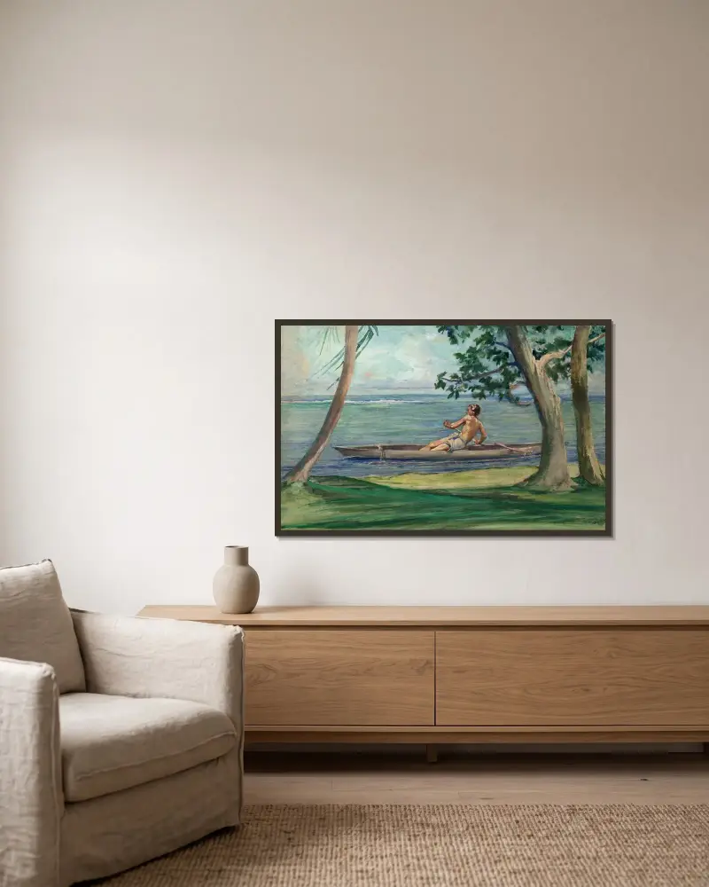 Pojke i kanot som passerar framför vårt hus, Vaiala, Samoa av John La Farge inramad på en vägg