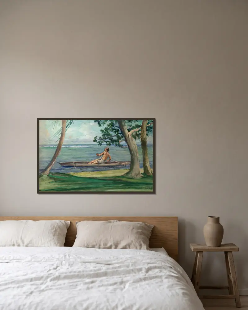 Pojke i kanot som passerar framför vårt hus, Vaiala, Samoa av John La Farge inramad på en vägg