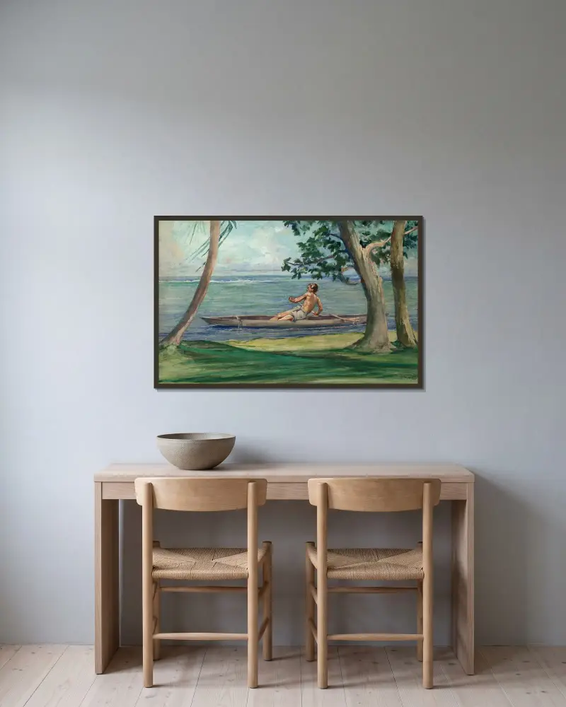 Pojke i kanot som passerar framför vårt hus, Vaiala, Samoa av John La Farge inramad på en vägg