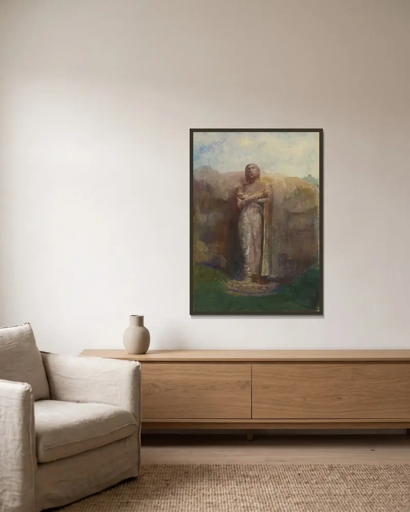 Kolossalstatue des Ananda nahe der Ruinenstadt Pollanarua, Ceylon von John La Farge gerahmt an einer Wand