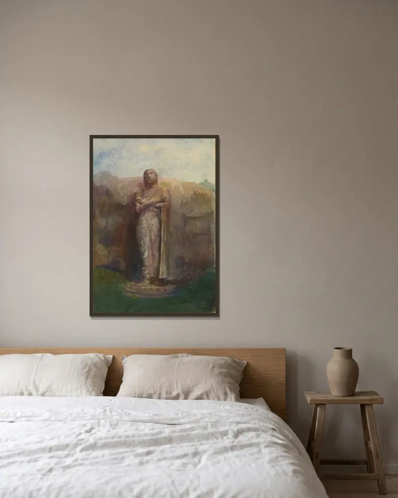 Kolossalstatue des Ananda nahe der Ruinenstadt Pollanarua, Ceylon von John La Farge gerahmt an einer Wand