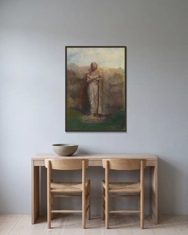 Kolossalstatue des Ananda nahe der Ruinenstadt Pollanarua, Ceylon von John La Farge gerahmt an einer Wand