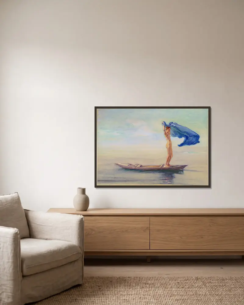 Girl in Bow of Canoe Spreading Out Her Loin-Cloth for a Sail, Samoa av John La Farge inramad på en vägg