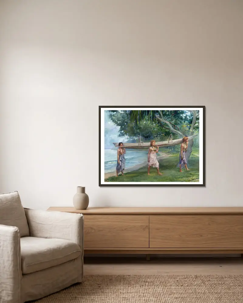 Girls Carrying a Canoe-Vaiala in Samoa av John La Farge inramad på en vägg
