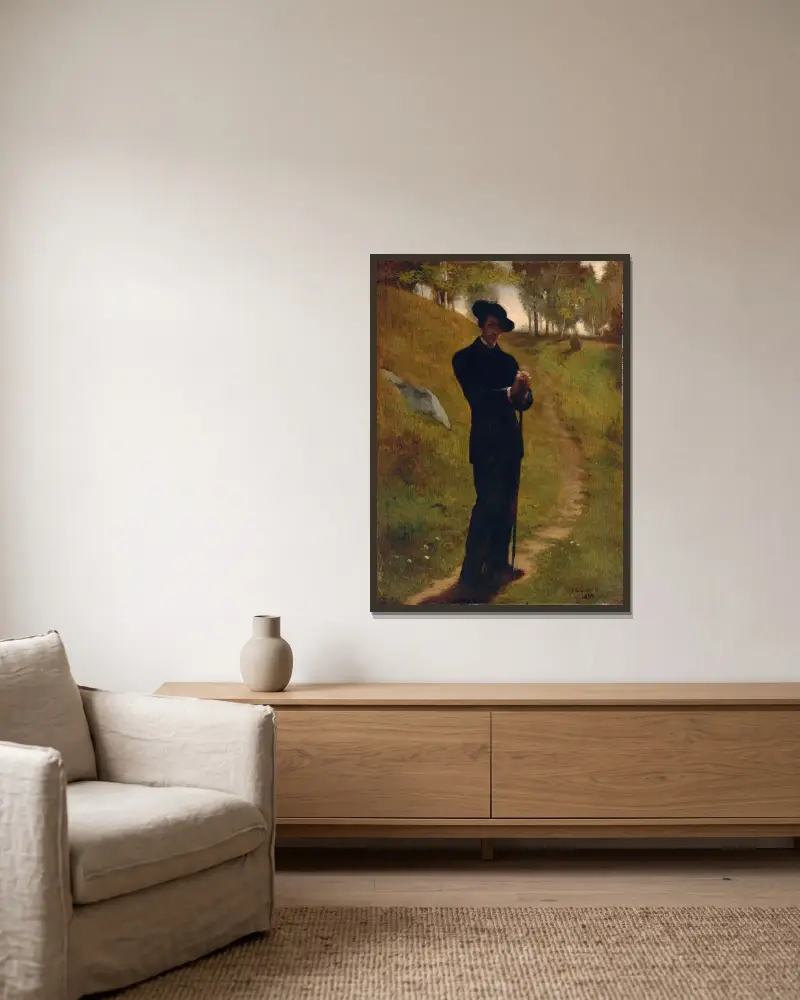 Porträtt av målaren av John La Farge inramad på en vägg
