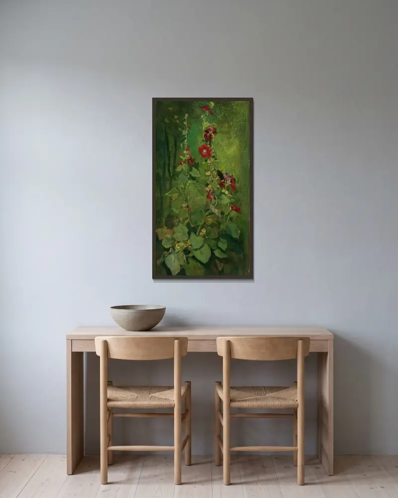 Röda stockrosor av John La Farge inramad på en vägg