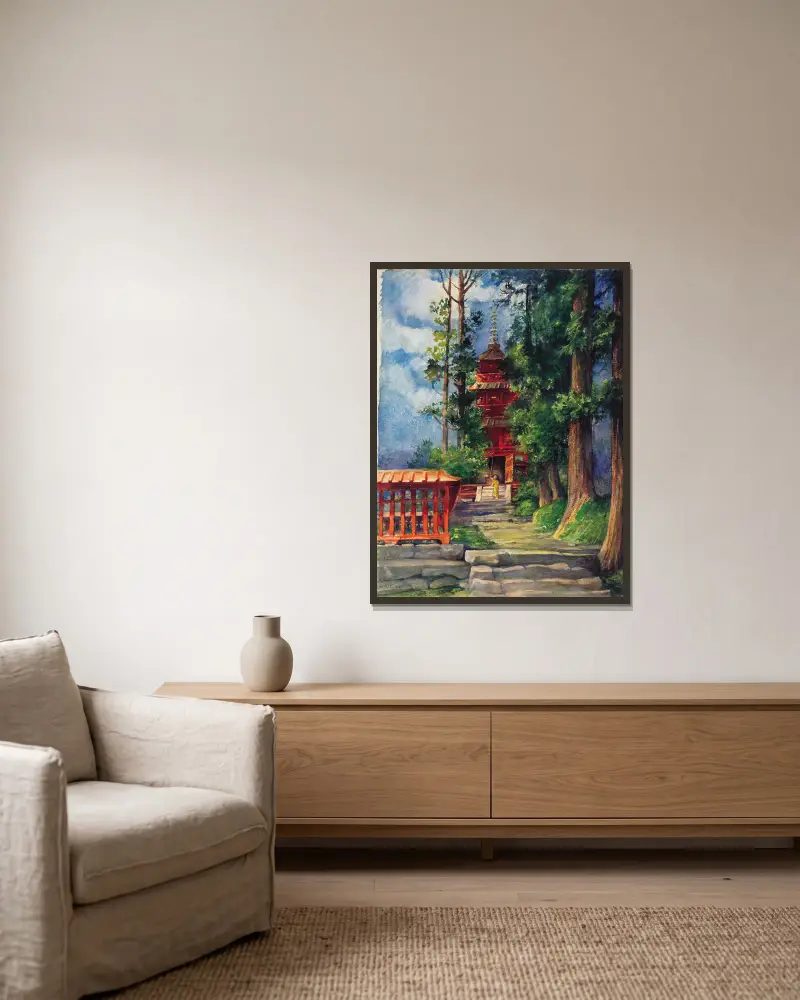 Red Pagoda, Nikko av John La Farge inramad på en vägg