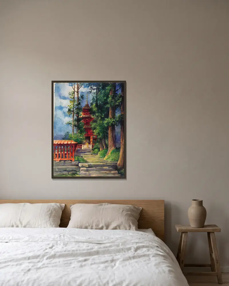 Red Pagoda, Nikko av John La Farge inramad på en vägg