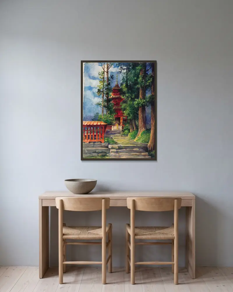 Red Pagoda, Nikko av John La Farge inramad på en vägg