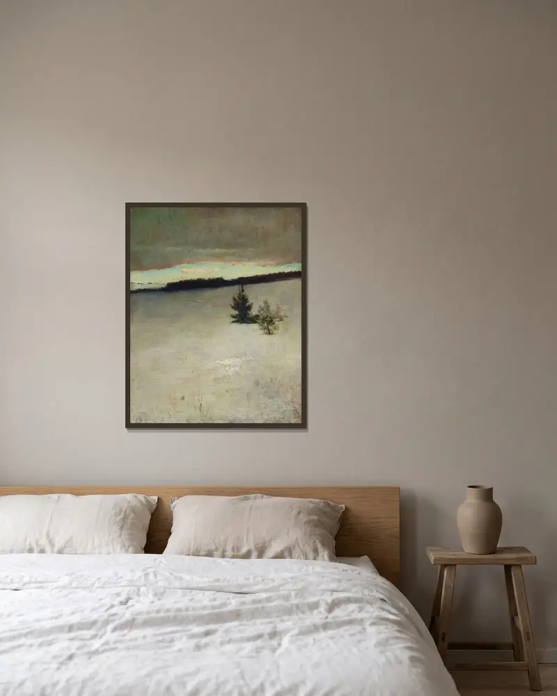 Snöfält, morgon, Roxbury av John La Farge inramad på en vägg