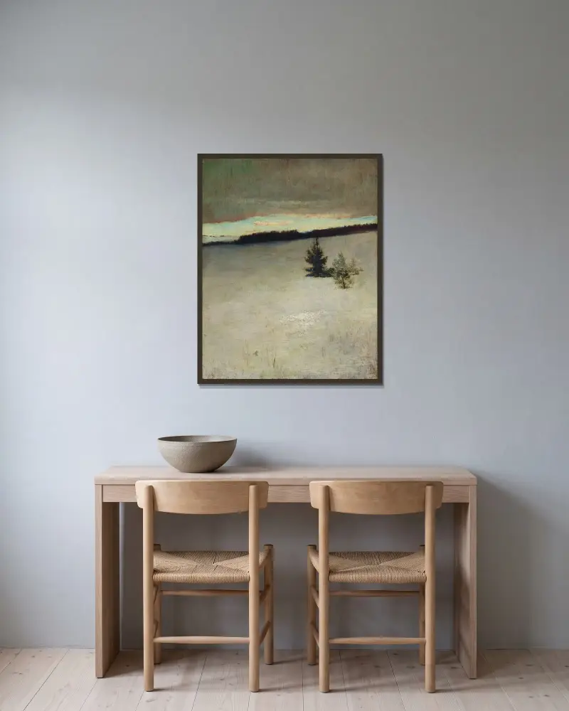 Snöfält, morgon, Roxbury av John La Farge inramad på en vägg