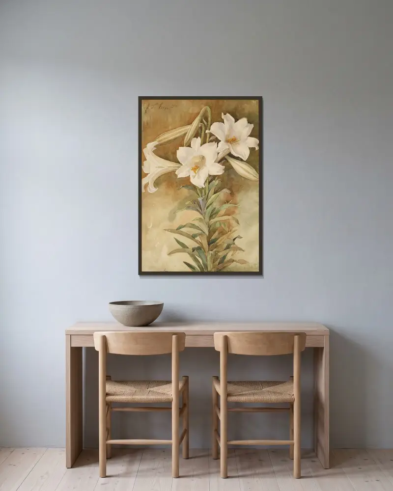 Stilleben med påskliljor av John La Farge inramad på en vägg