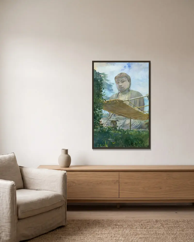 Den stora Amida-Buddhastatyn i Kamakura, känd som Daibutsu, från prästens trädgård av John La Farge inramad på en vägg