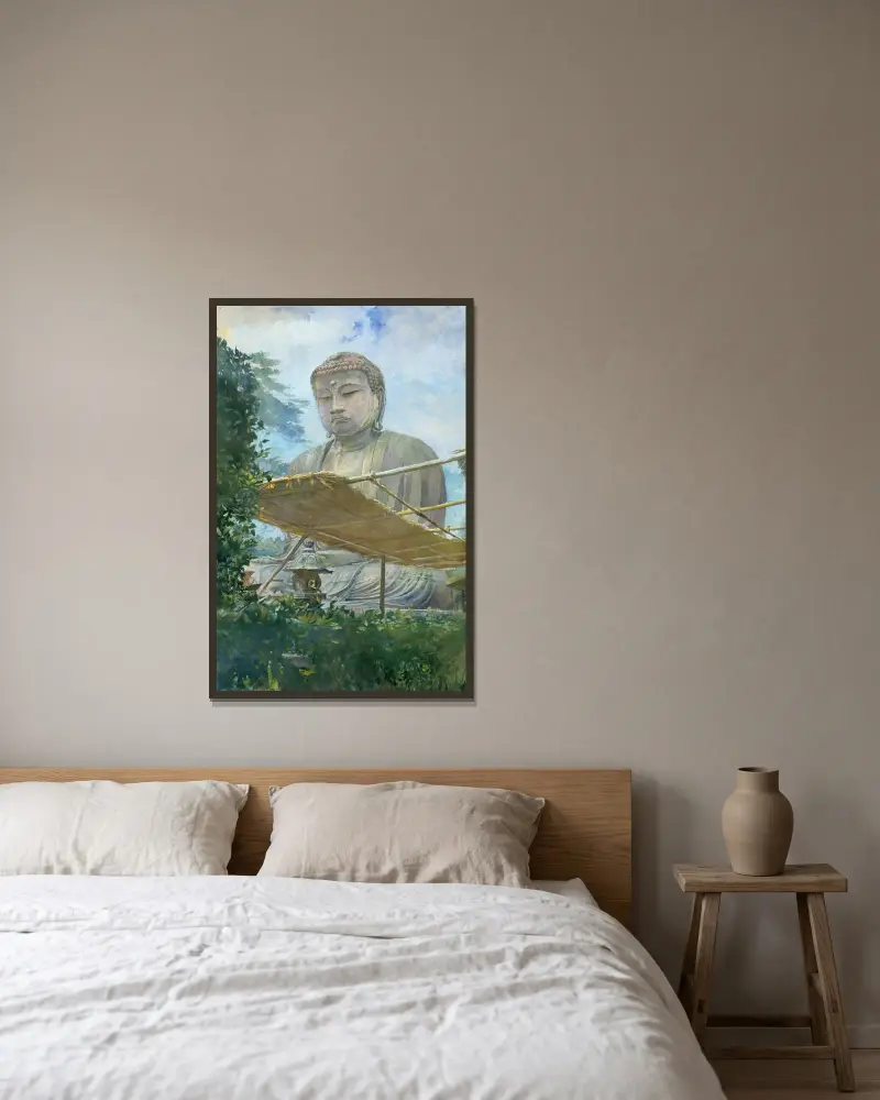 Den stora Amida-Buddhastatyn i Kamakura, känd som Daibutsu, från prästens trädgård av John La Farge inramad på en vägg
