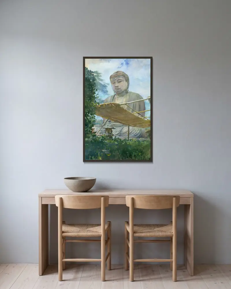 Den stora Amida-Buddhastatyn i Kamakura, känd som Daibutsu, från prästens trädgård av John La Farge inramad på en vägg