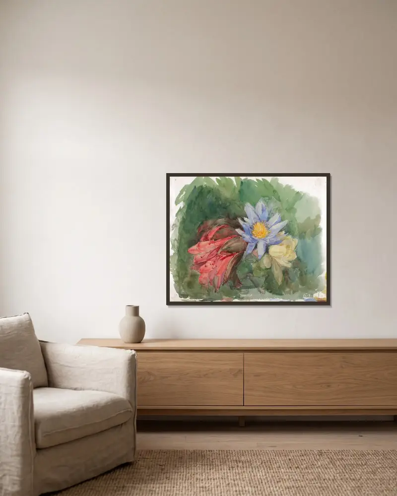 Näckrosor och hibiskus av John La Farge inramad på en vägg
