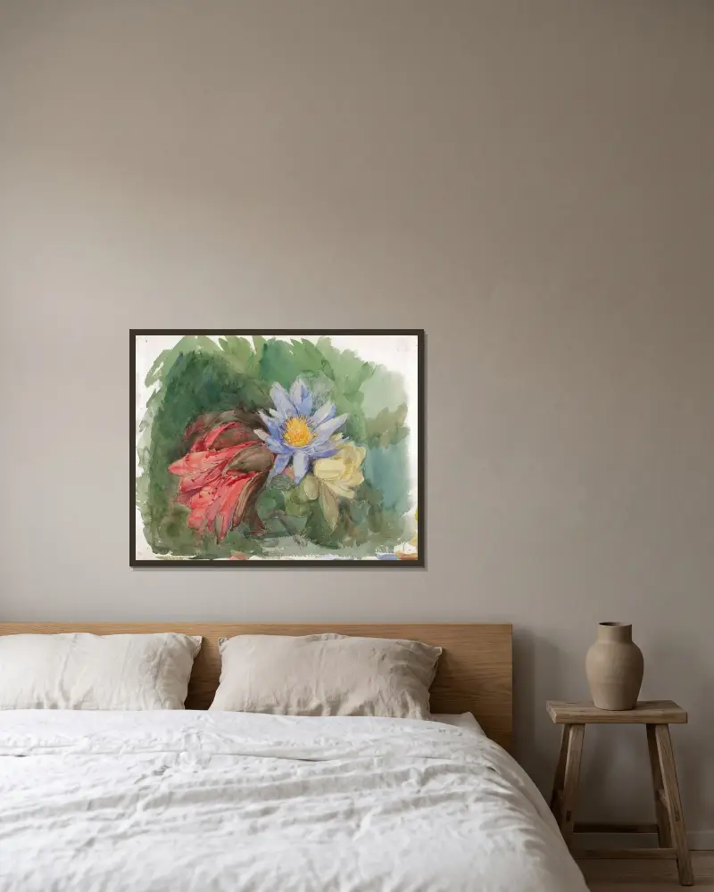 Näckrosor och hibiskus av John La Farge inramad på en vägg