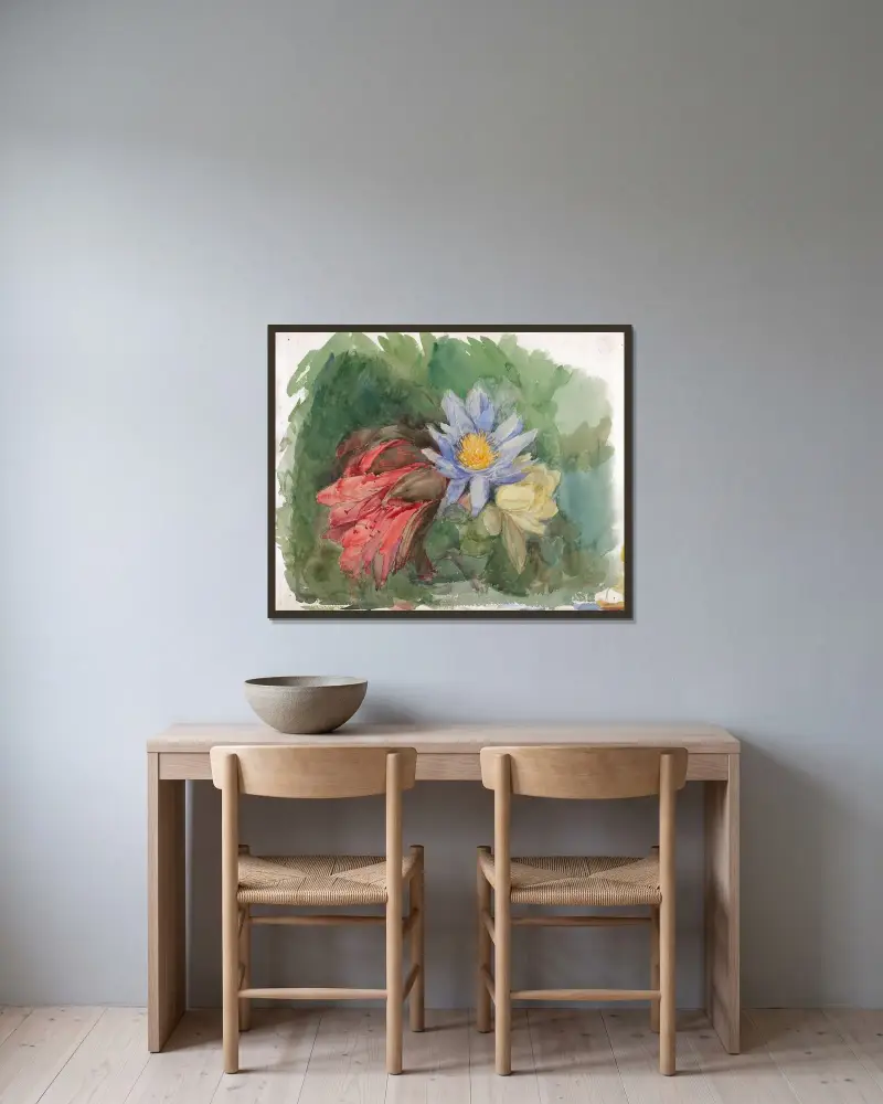 Näckrosor och hibiskus av John La Farge inramad på en vägg