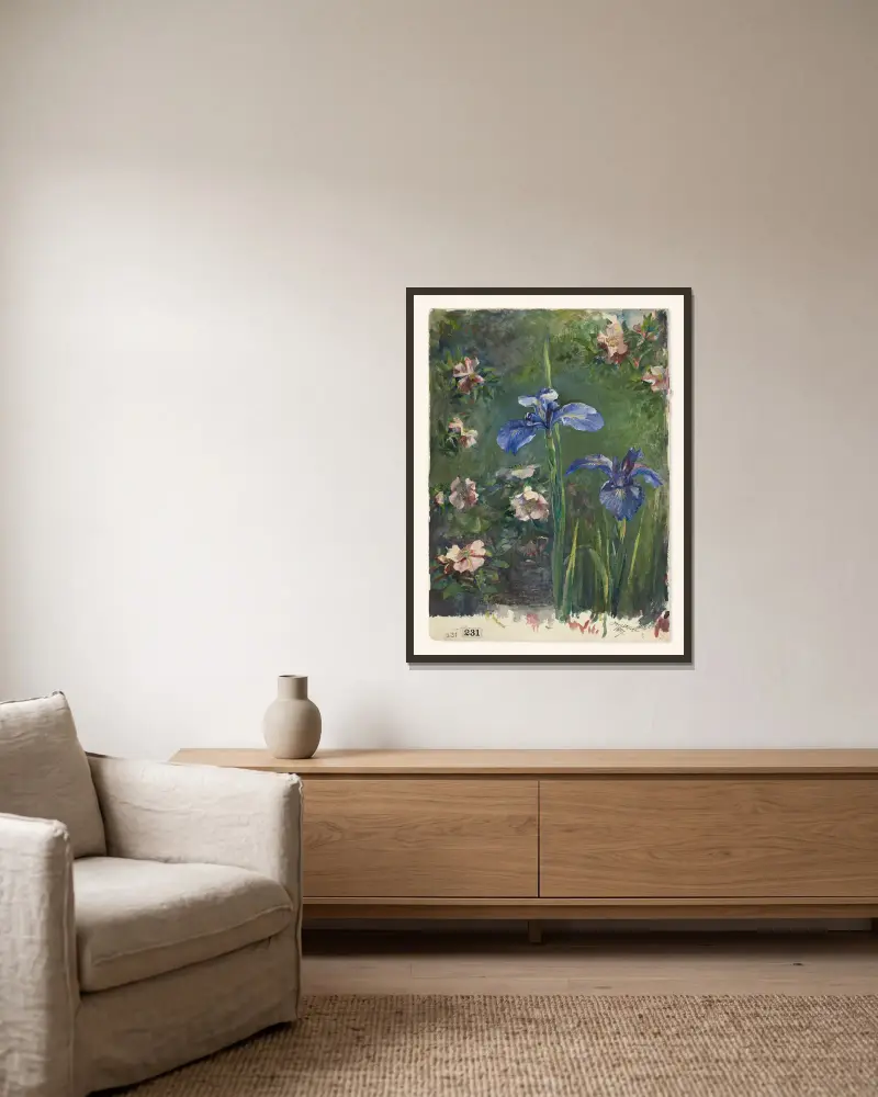 Wild Roses and Irises av John La Farge inramad på en vägg