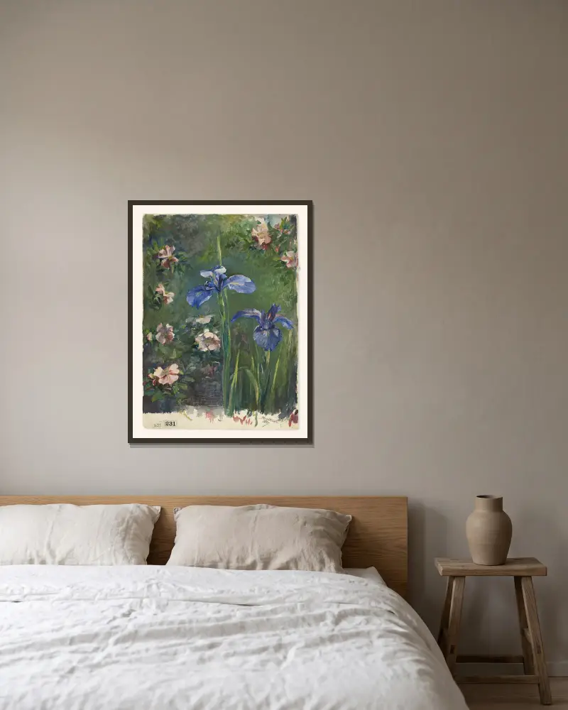 Wild Roses and Irises av John La Farge inramad på en vägg