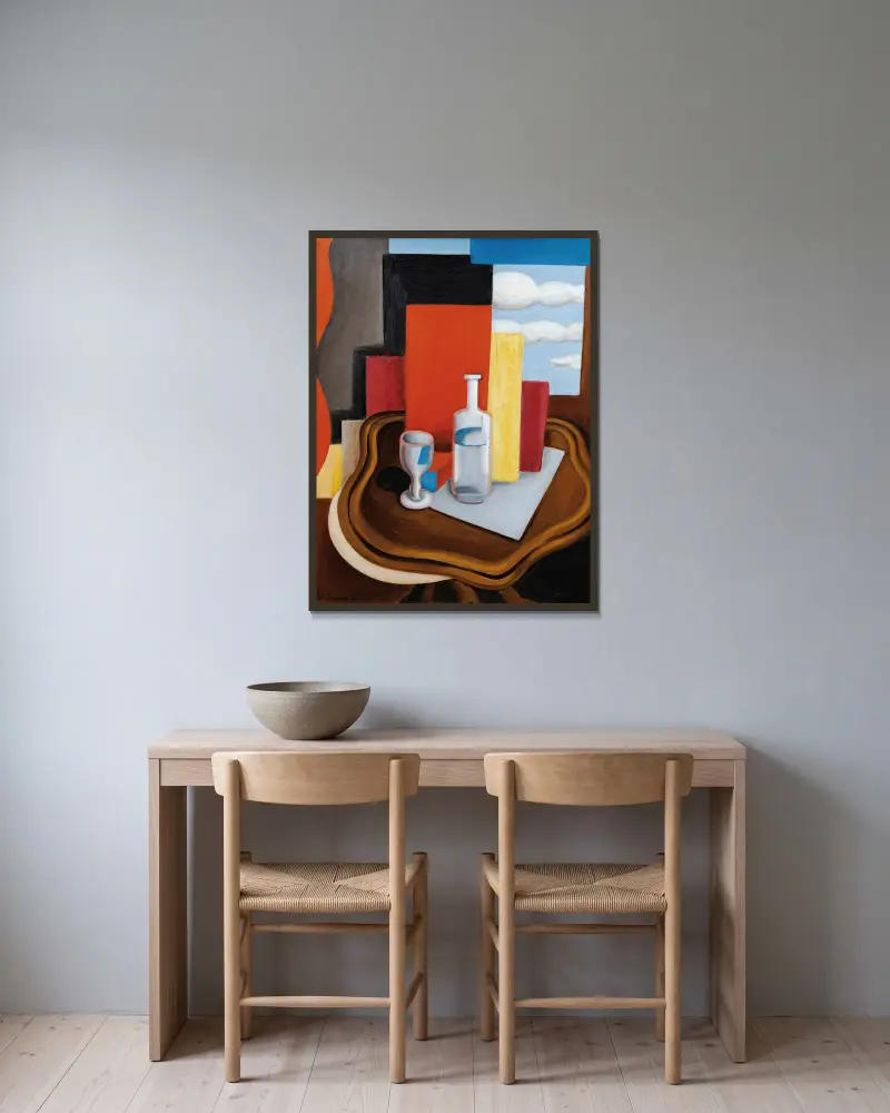 La Table Louis-Philippe À La Bouteille Et Au Verre av Roger de La Fresnaye inramad på en vägg