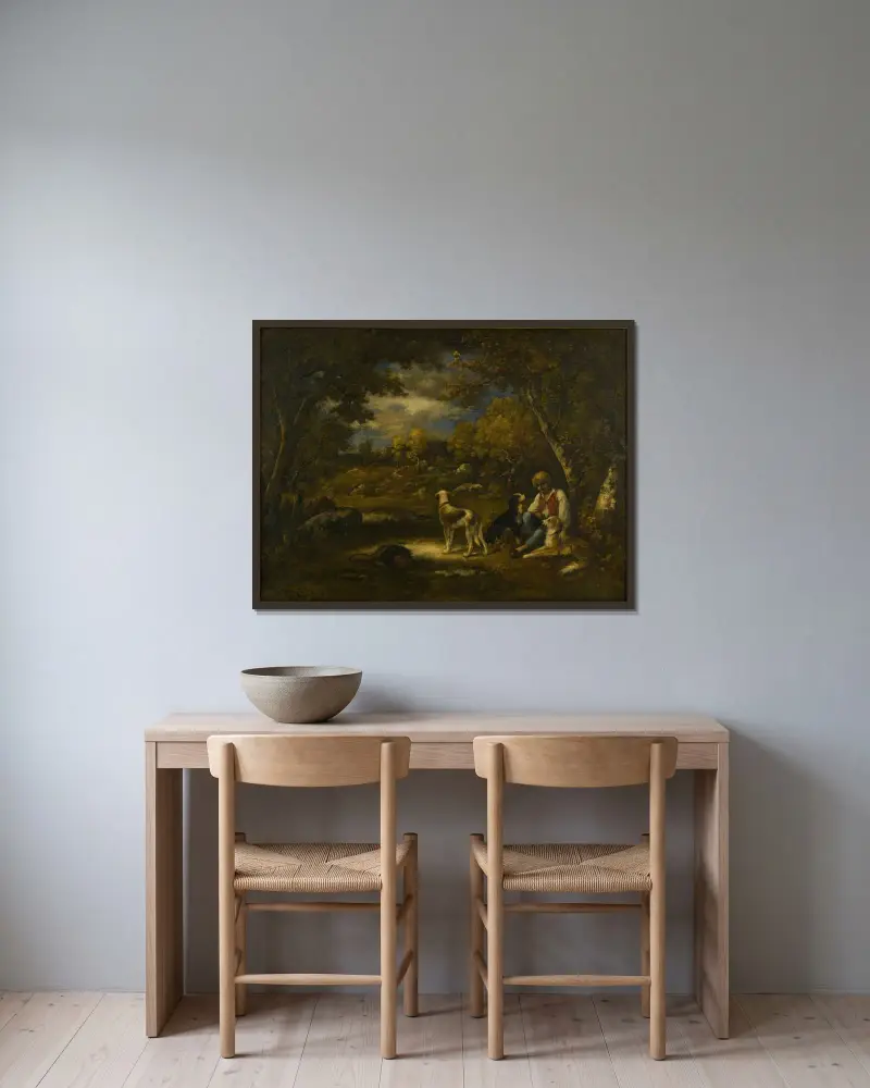 Pojke med sina hundar i en skog av Narcisse-Virgile Diaz de La Peña inramad på en vägg