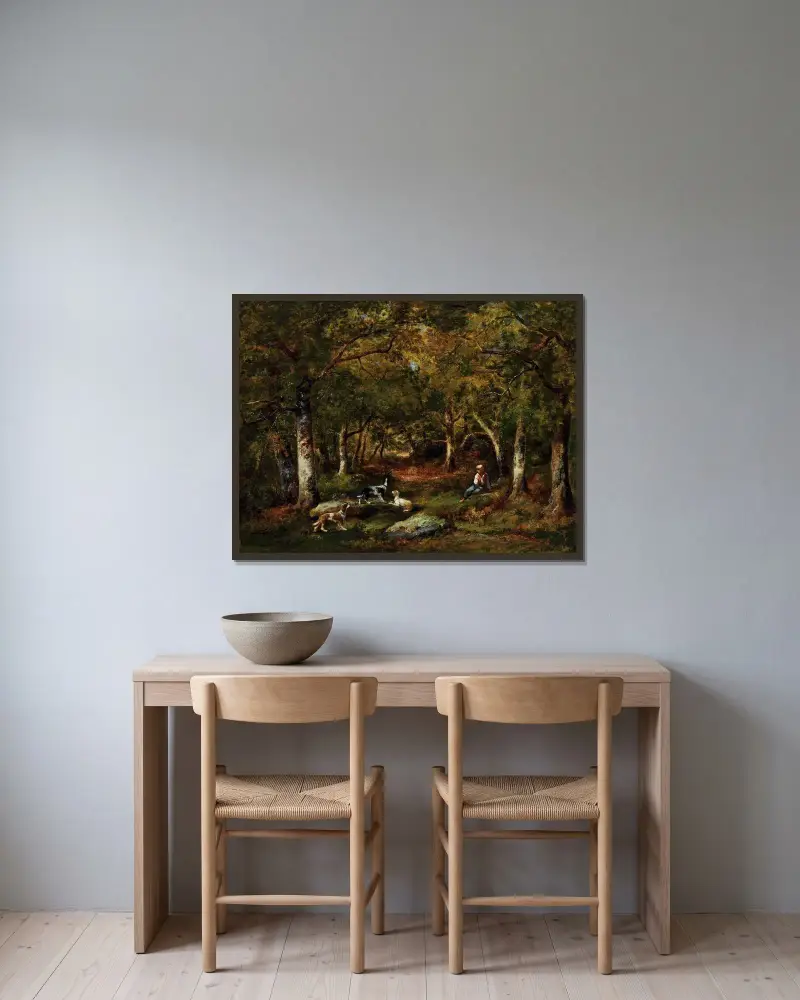 Barn och jakthundar i skogen av Narcisse-Virgile Diaz de La Peña inramad på en vägg