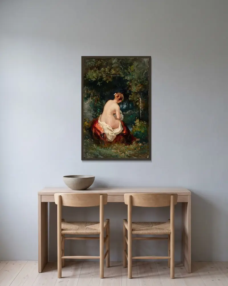 Frau nach dem Abschied der Liebe oder Die Verlassene am Wasser von Narcisse-Virgile Diaz de La Peña gerahmt an einer Wand